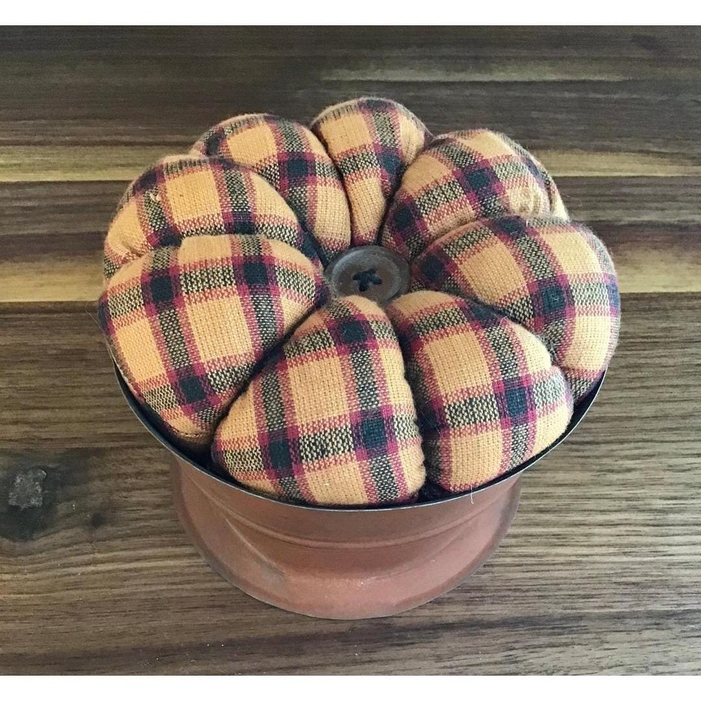 Primitive Plaid Pumpkin Pin Cushion in Rustic Metal Bucket Base Farmhouse Decor